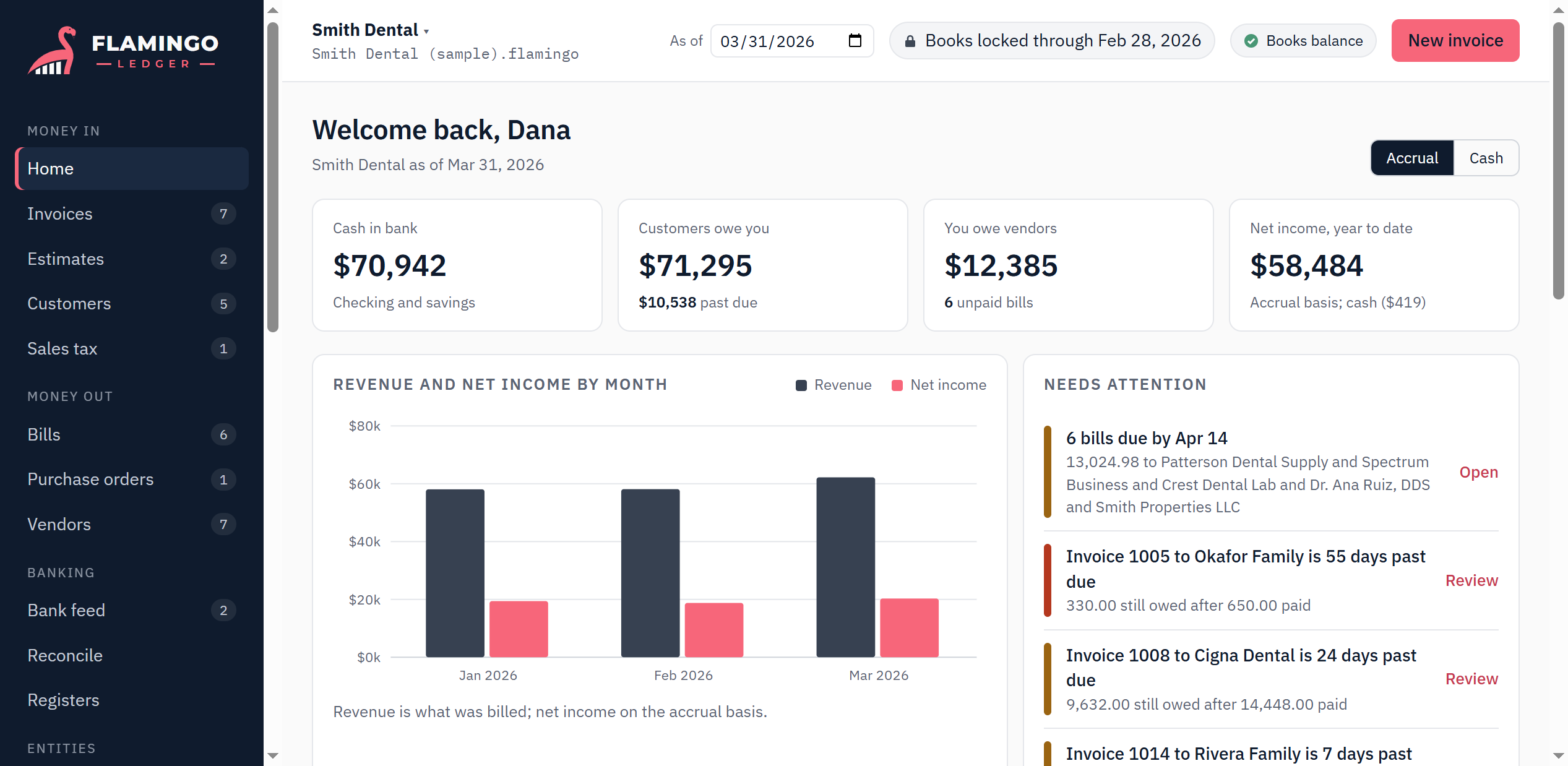 The Flamingo Ledger home screen for a sample dental practice: cash in bank, what customers owe, unpaid bills, net income, a revenue chart and a list of things needing attention.